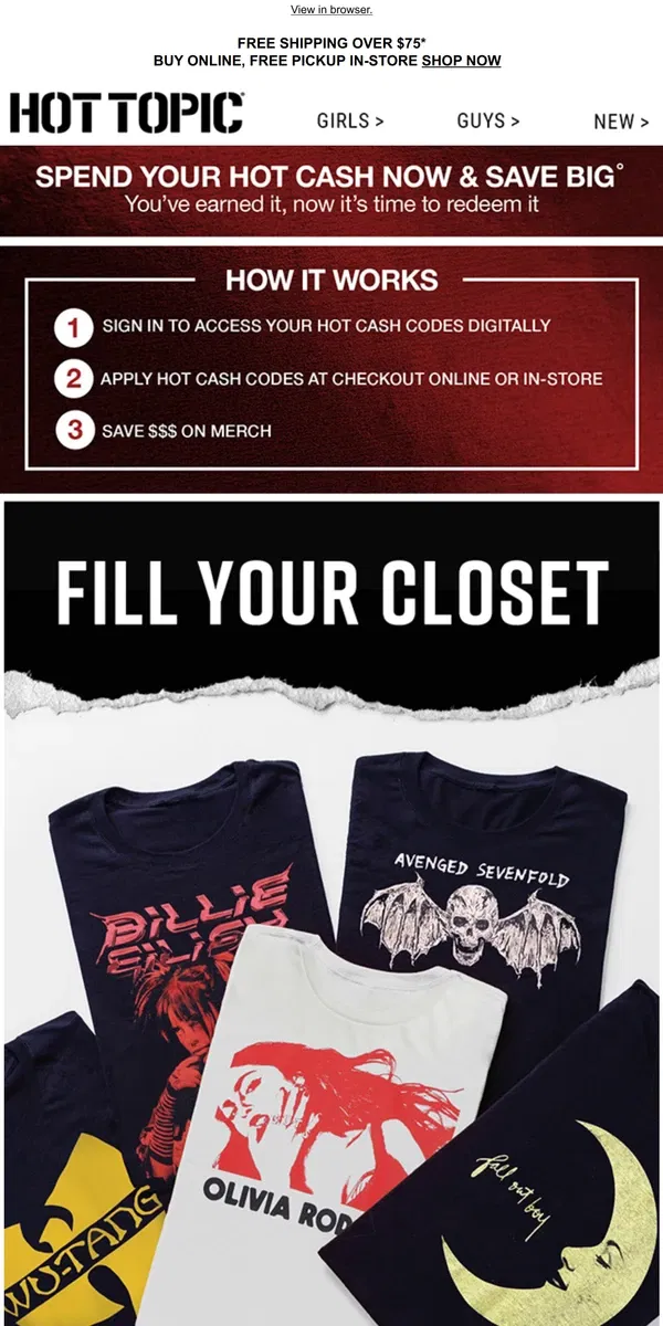 Email from Hot Topic. New band merch to fill your closet 👕 🎵