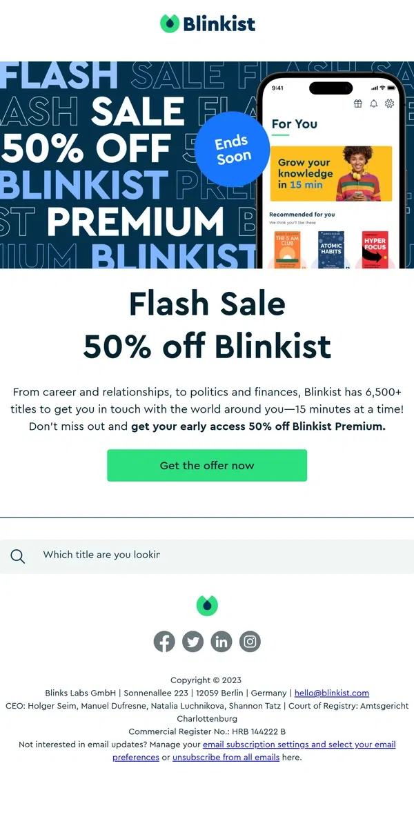 Email from Blinkist. Early access: 50% off Blinkist Premium