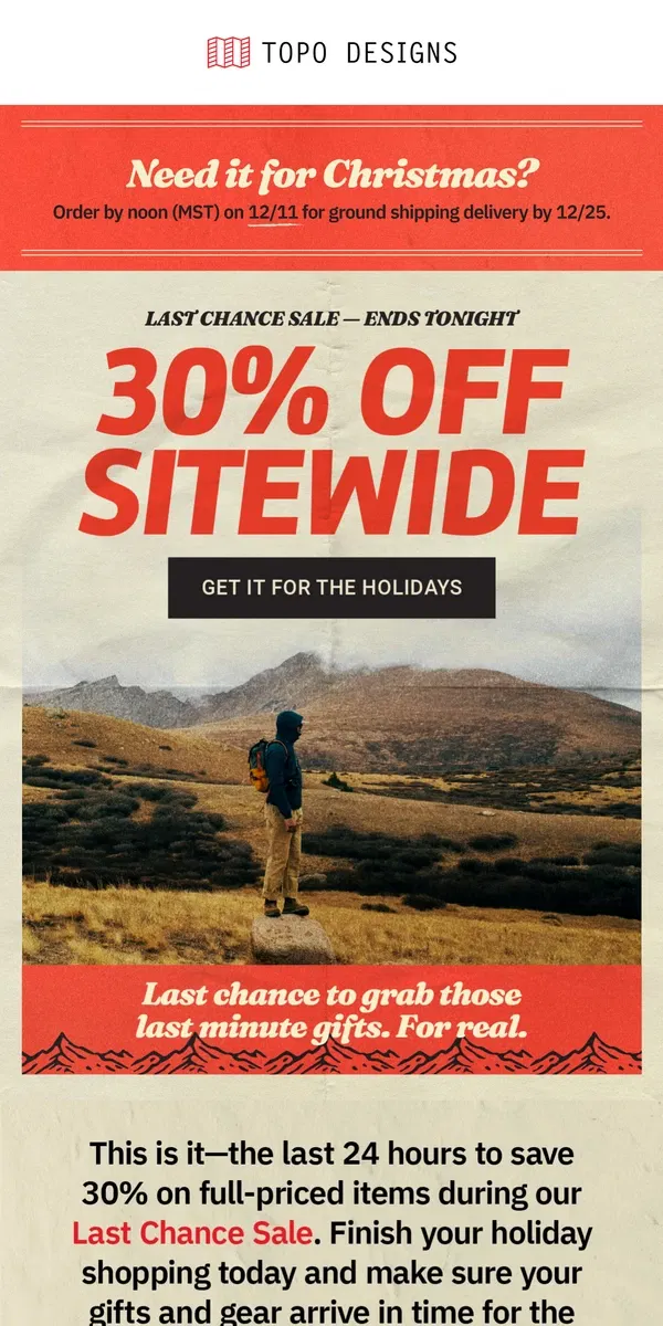 Email from Topo Designs. Only 24 Hours Left - 30% off sitewide