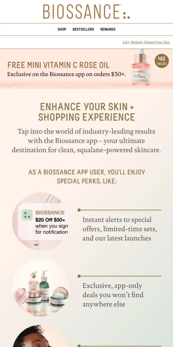 Email from Biossance. Want a luxe travel Rose Oil for free?