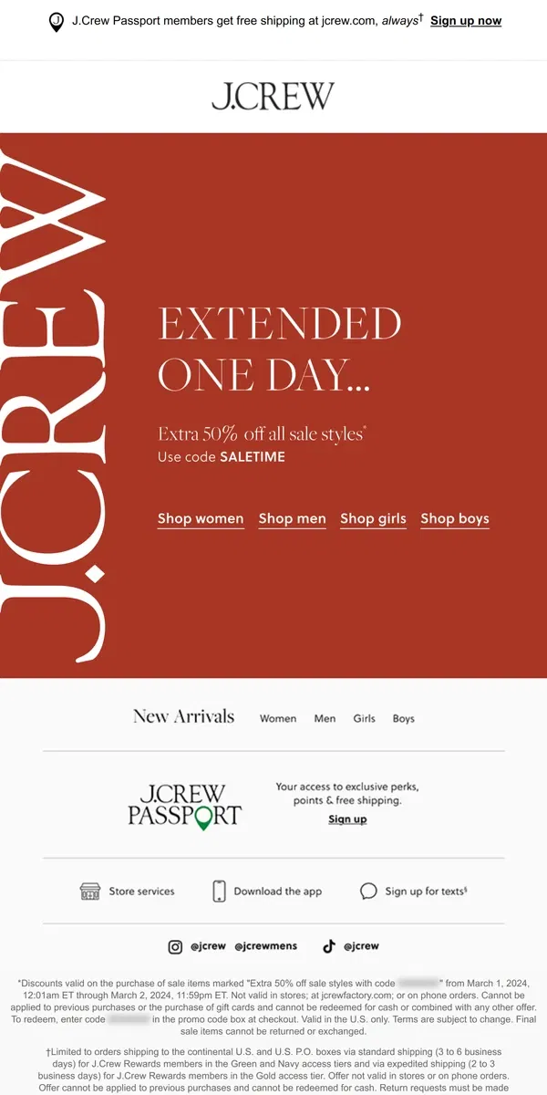 Email from J.Crew. Surprise! Extra 50% off sale for one more day…