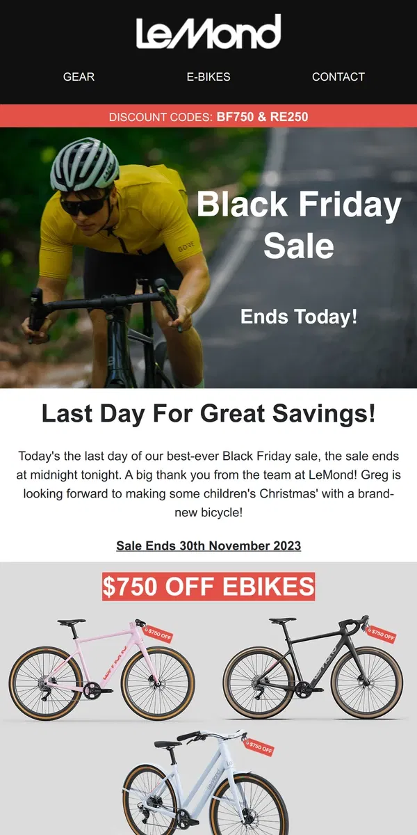 Email from LeMond. Last Day of The Black Friday Sale!