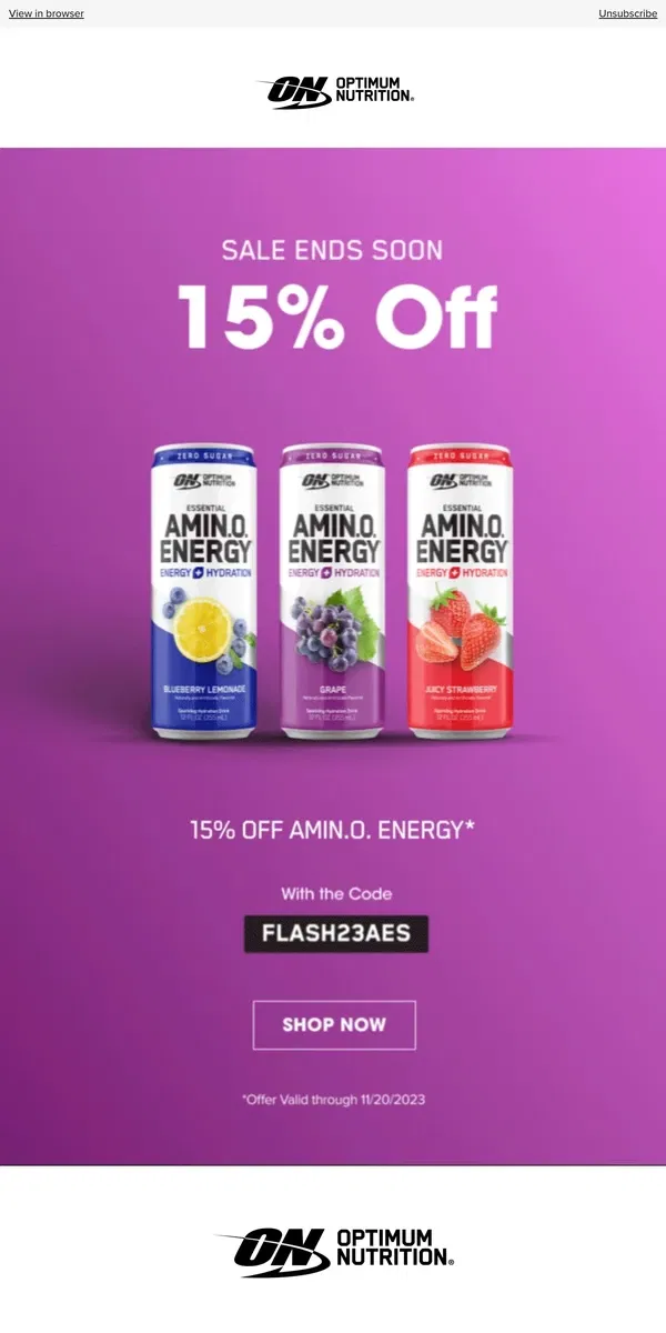 Email from Optimum Nutrition. Last Chance to Save on AMIN.O. ENERGY!