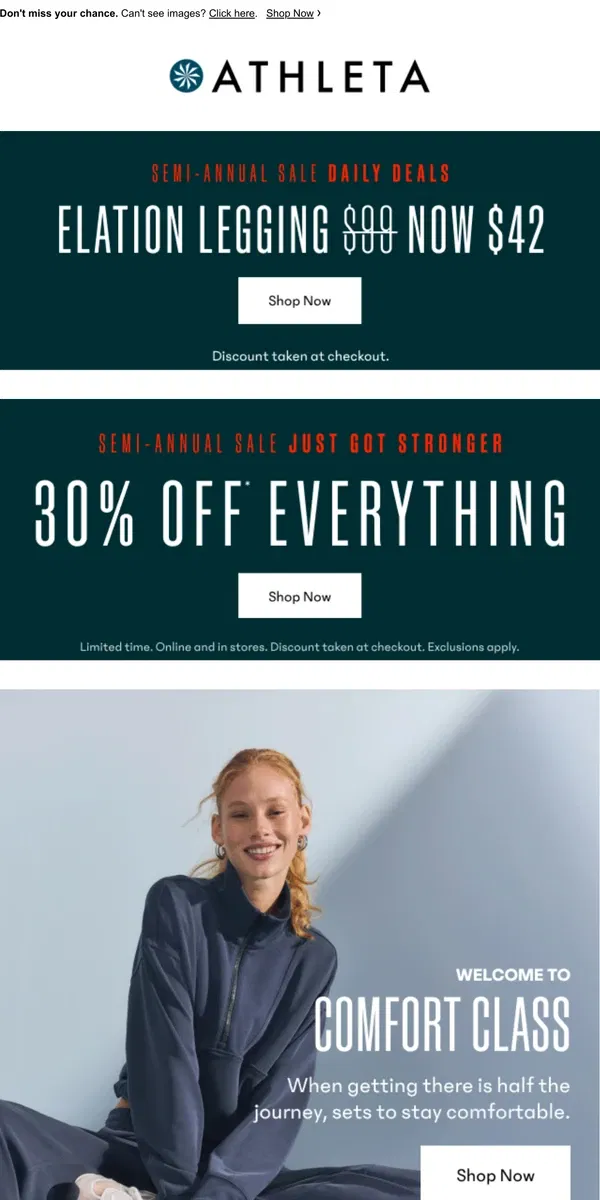 Email from Athleta. 30% off? And up to 70% off sale? YES