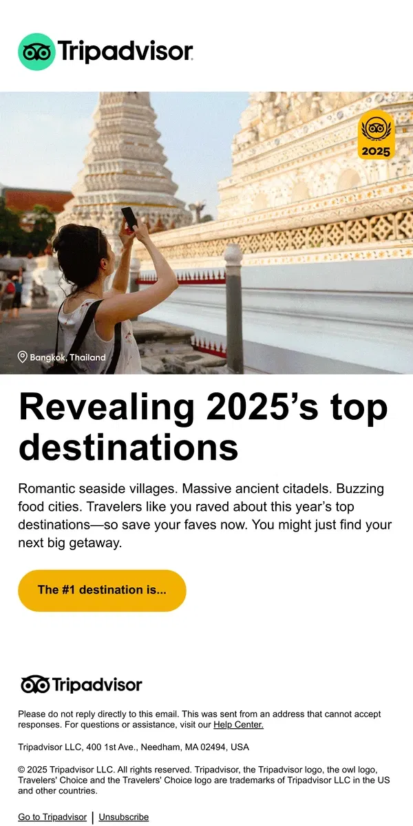 Email from Tripadvisor. And the #1 destination in the world is... 🏆