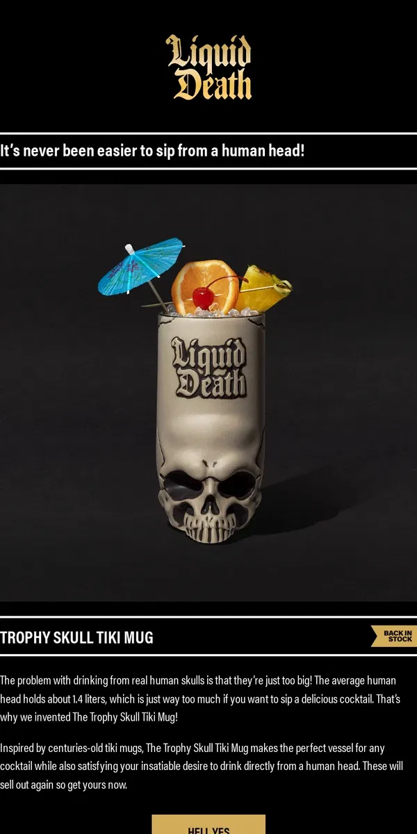 Email from Liquid Death. Back In Stock: Trophy Skull Tiki Mug