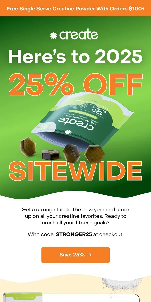 Email from Create Wellness. 25% OFF SITEWIDE IS ON