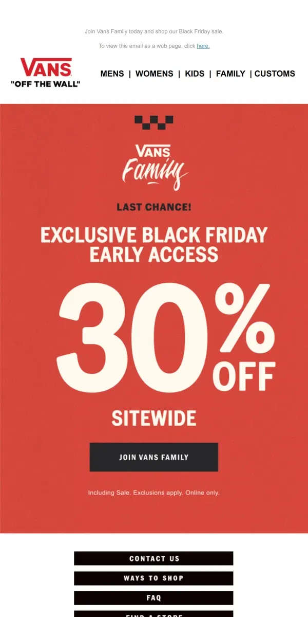 Email from Vans. ENDS TODAY ⏰ LAST CHANCE TO SAVE 30%