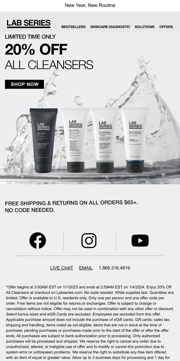 Email from Lab Series. 20% Off All Cleansers!