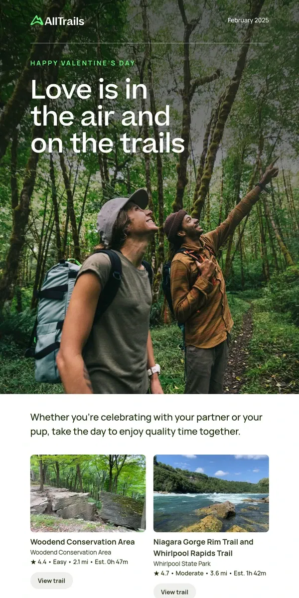 Email from AllTrails. Celebrate love outdoors this Valentine’s Day