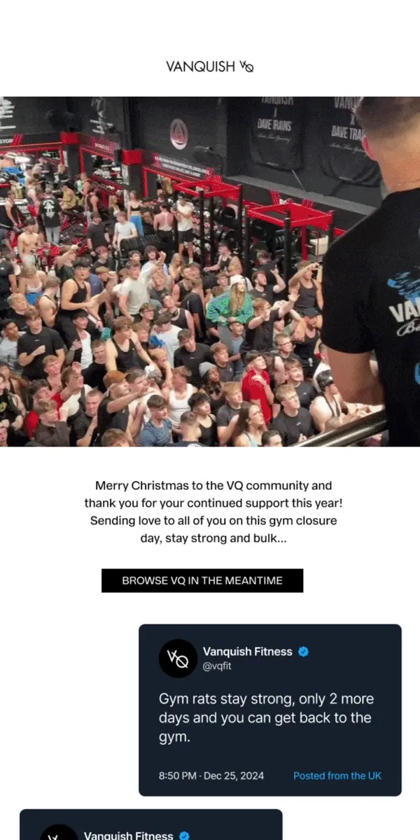 Email from Vanquish Fitness. Merry Christmas ya filthy animals! 🎅🎄