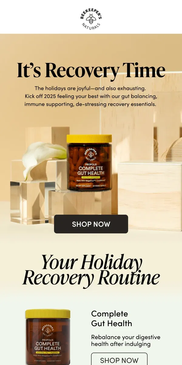 Email from Beekeeper's Naturals. Your Post-Holiday Recovery Routine