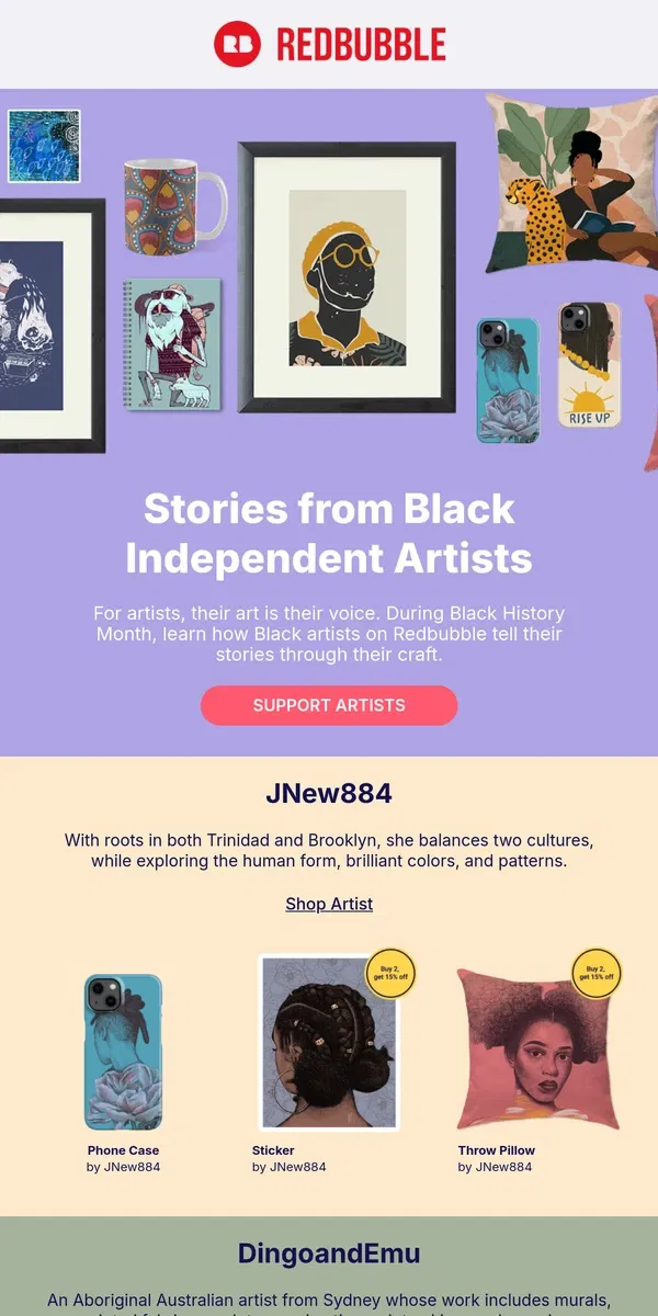 Email from Redbubble. Supporting Black Independent Artists