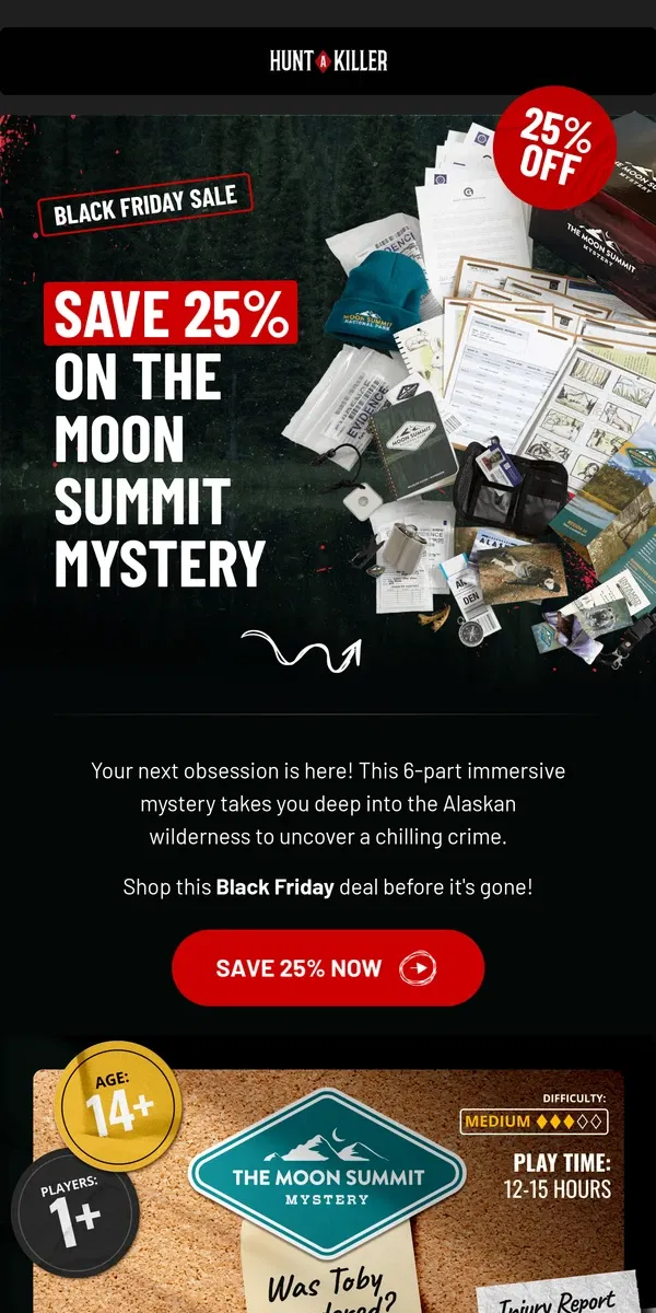 Email from Hunt A Killer. 25% OFF the Moon Summit Mystery