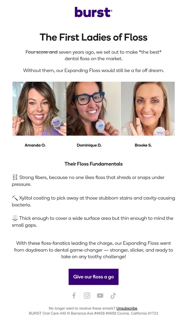 Email from BURST Oral Care. The First Ladies of Floss