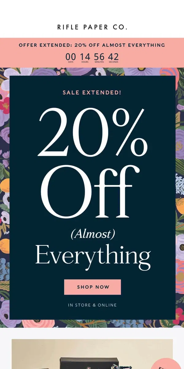 Email from Rifle Paper Co.. EXTENDED One More Day 🎉 20% Off Almost Everything