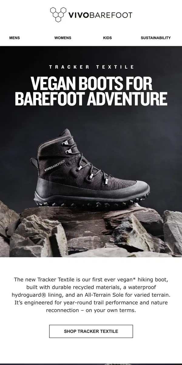 Email from Vivobarefoot. NEW: The Tracker Textile has landed