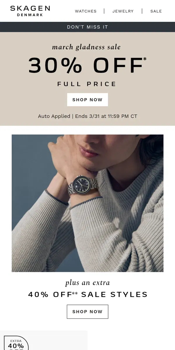 Email from Skagen. 30% full price + hot sale markdowns.