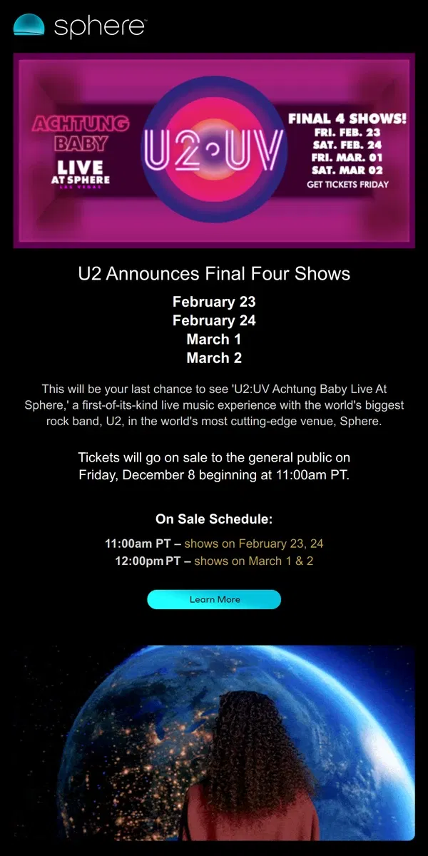 Email from Sphere. U2:UV Announces Final Shows