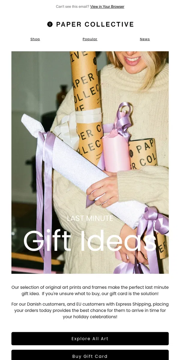 Email from Paper Collective. Last Minute Gift Ideas