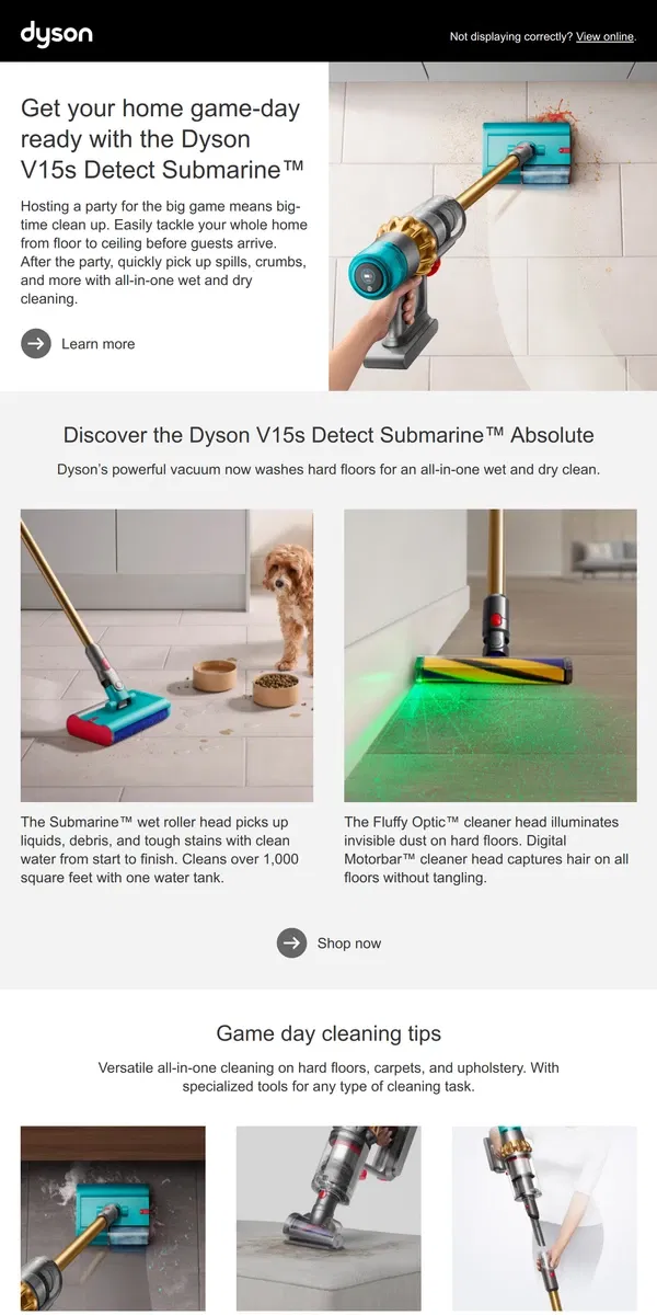 Email from Dyson. Powerful cleaning for game day party prep