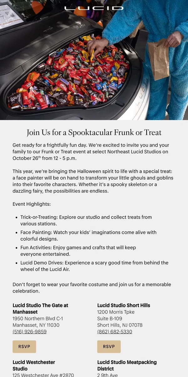 Email from Lucid Motors. Join Us for a Spooktacular Frunk or Treat