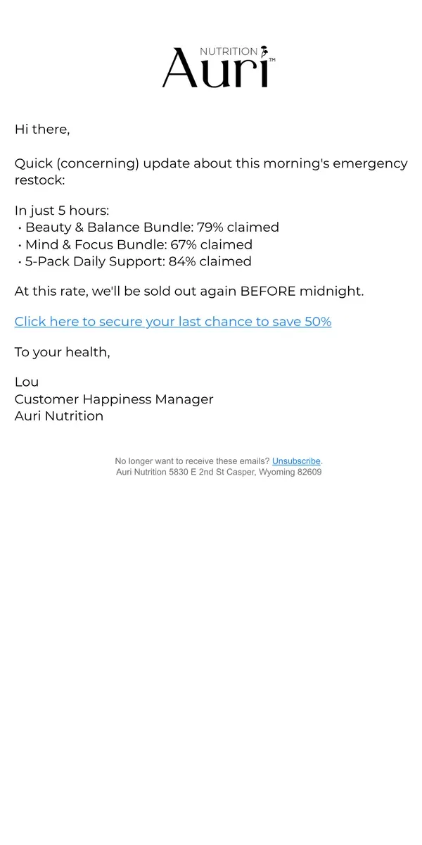 Email from Auri Nutrition. ⚠️ Emergency restock selling FASTER than expected