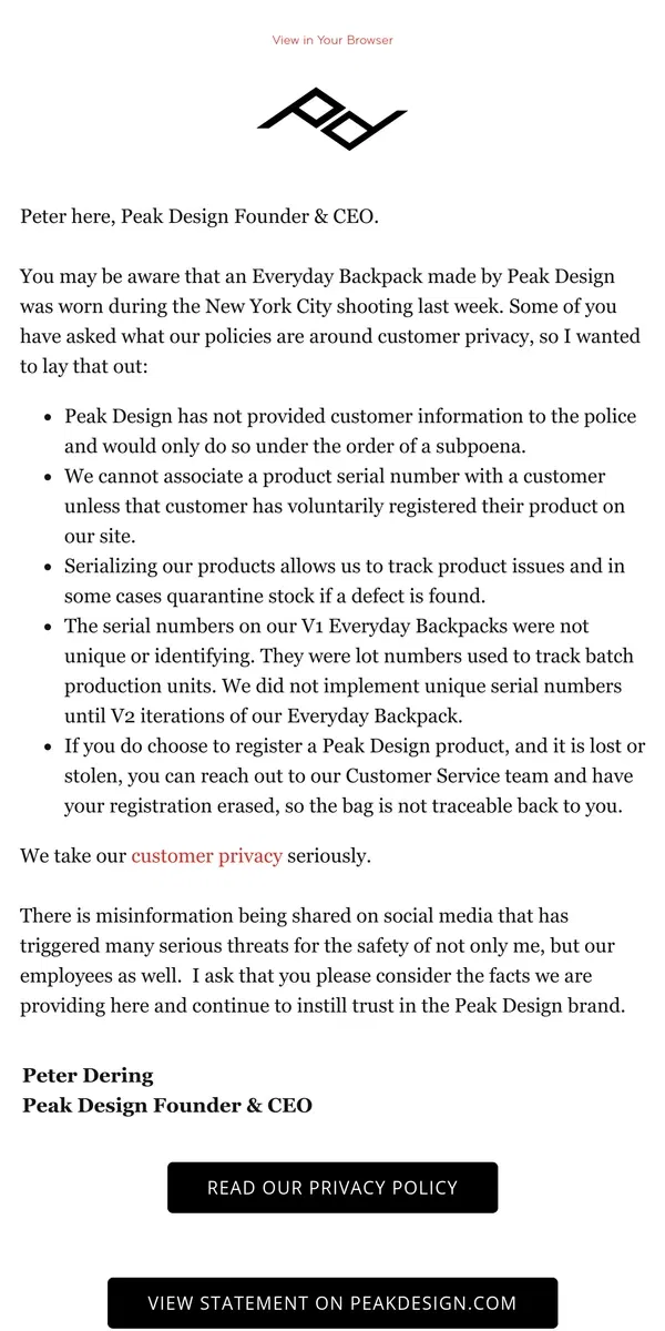 Email from Peak Design. An official statement on recent events.