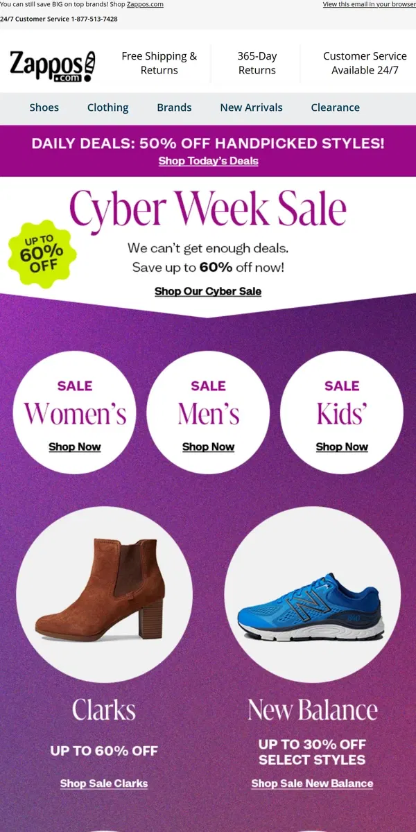 Email from Zappos. Let the Sales Continue! Cyber Week Savings + Daily Deals