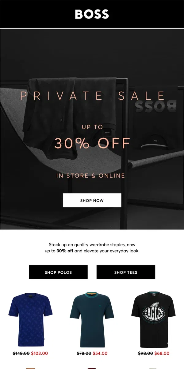 Email from HUGO BOSS. Style Staples up to 30% off