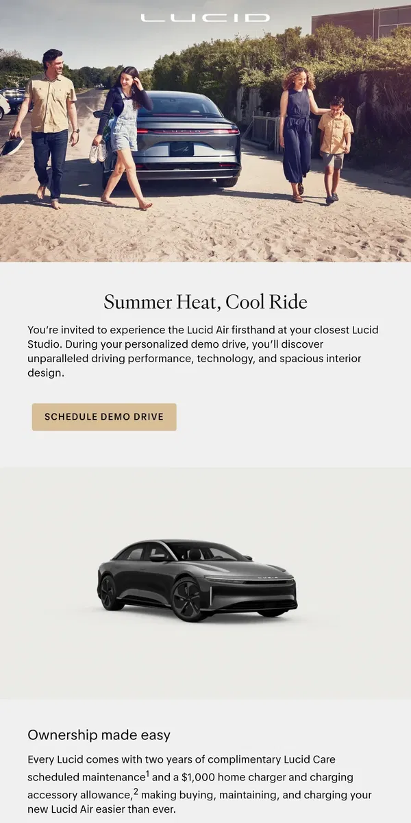 Email from Lucid Motors. Experience the Lucid Air this summer