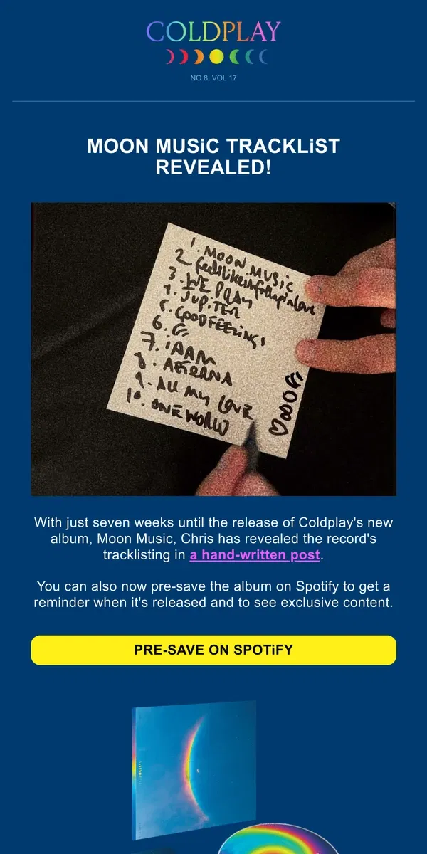 Email from Coldplay. Moon Music tracklist revealed!🌙