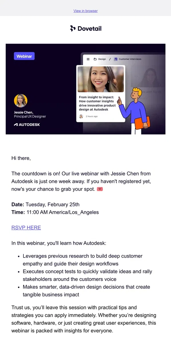 Email from Dovetail. ⏰ One Week Left: How Autodesk Uses Customer Insights to Drive Product Design