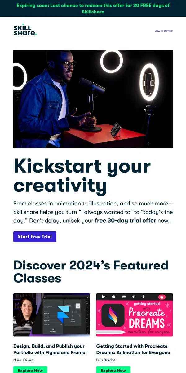 Email from Skillshare. Final Hours: Claim your FREE 30-day trial offer