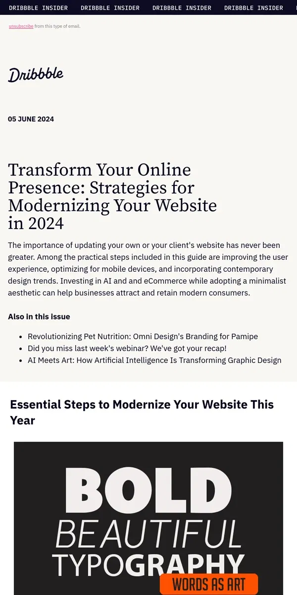 Email from Dribbble. 🤖 Modernize your website in 2024 +  a pet food rebrand case study and more.