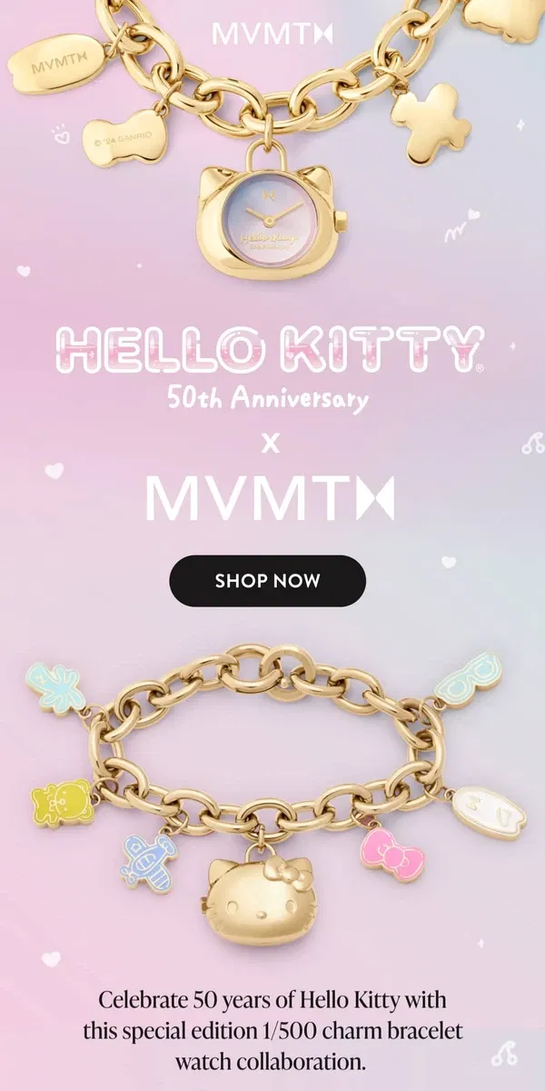 Email from MVMT. Hello Kitty x MVMT 50th Anniversary Watch