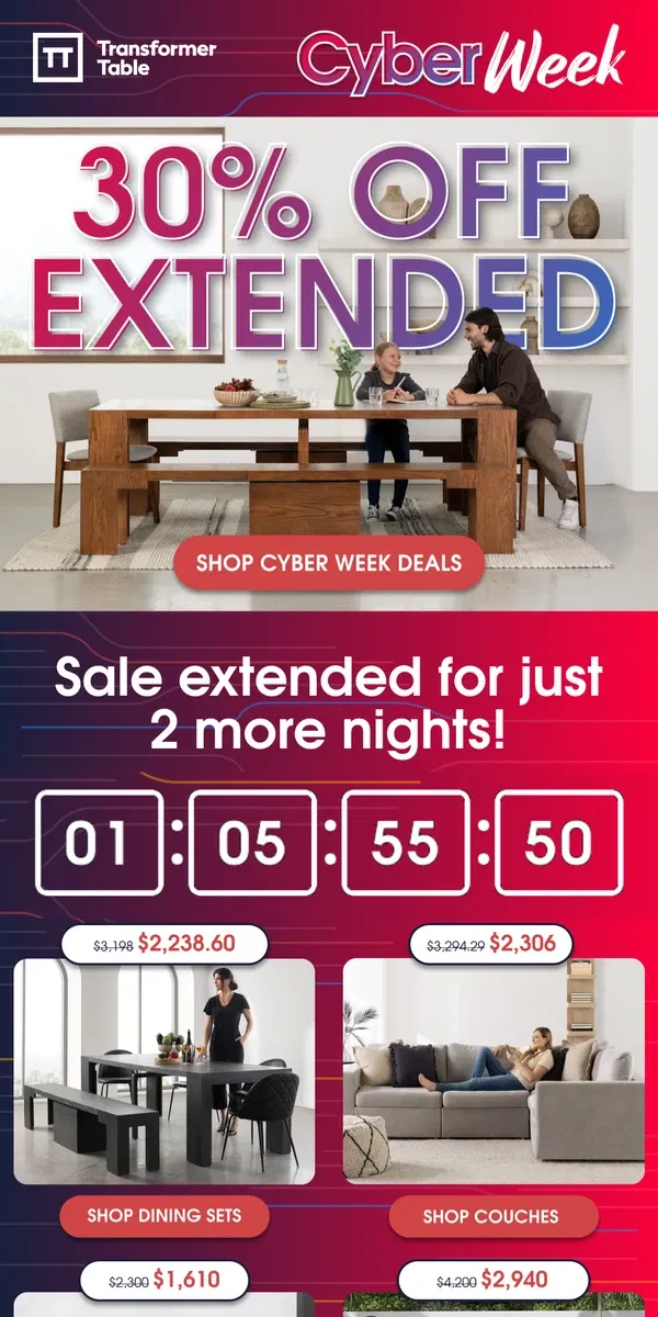 Email from Transformer Table. [EXTENDED] 30% Off Site-Wide for 2 More Nights Only! 🤩