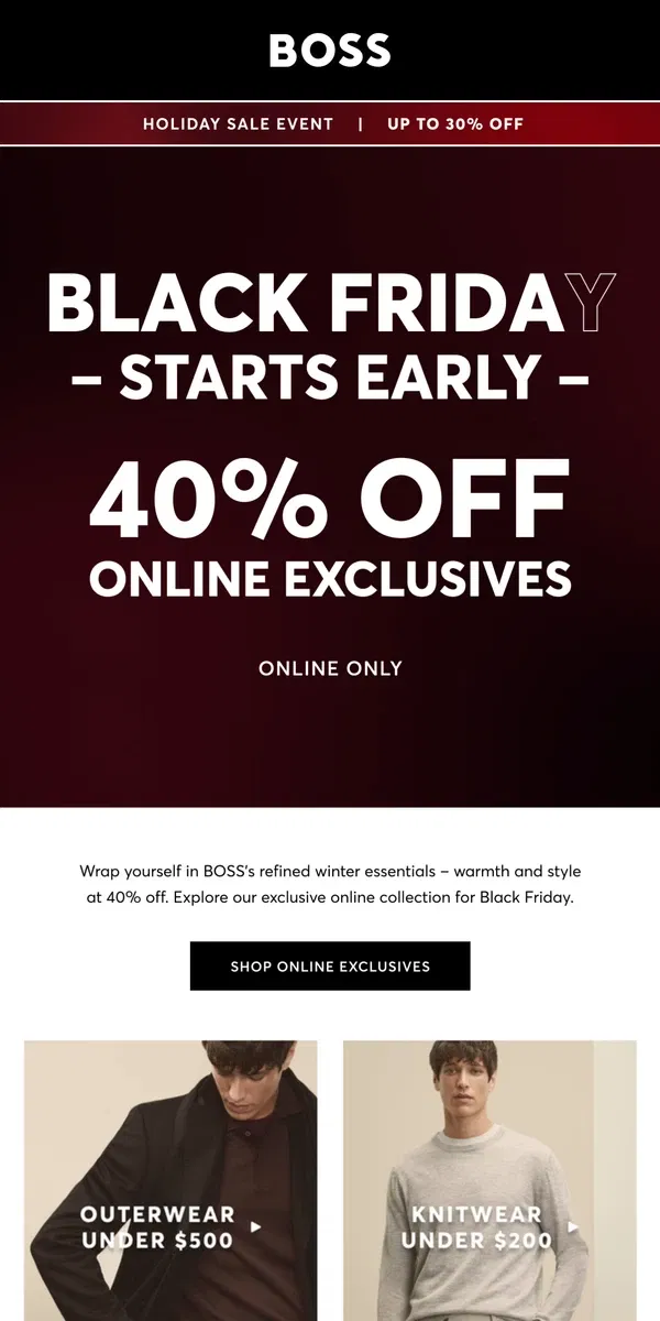 Email from HUGO BOSS. Black Friday Starts Early!