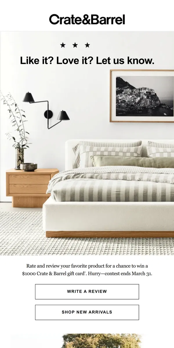 Email from Crate & Barrel. ENDS SOON | Write a review for a chance to win a $1000 gift card