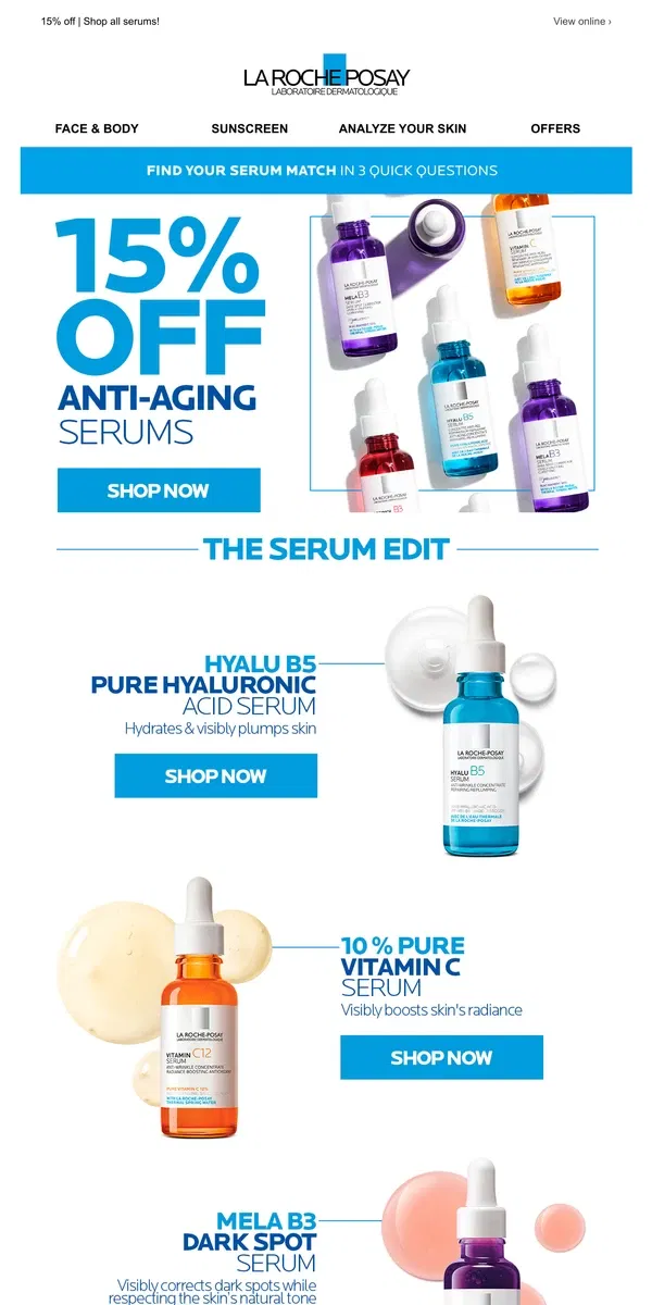 Email from La Roche-Posay. The Serum Edit: 15% Off All Anti-Aging Serums