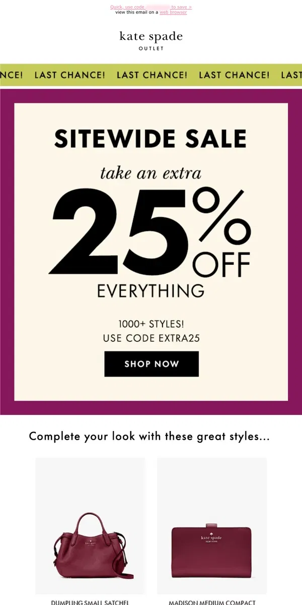 Email from Kate Spade. Ends at midnight! Get an extra 25% off everything