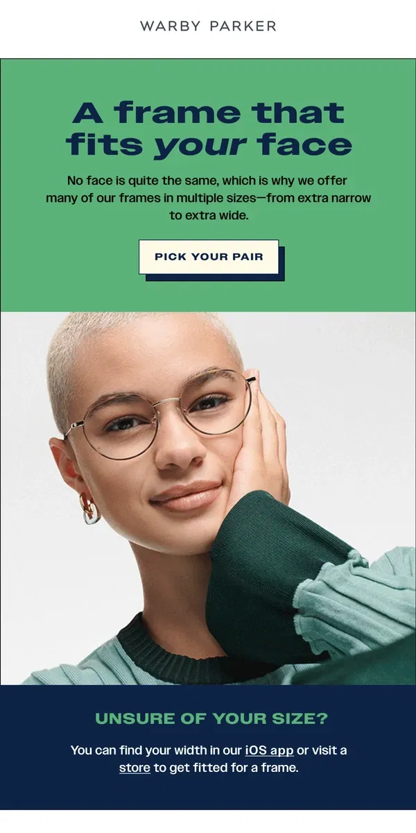 Email from Warby Parker. Do you know your size?