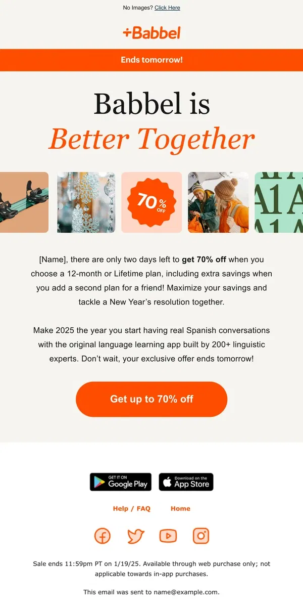 Email from Babbel. Learning Spanish + 70% OFF = 🤩🤩🤩