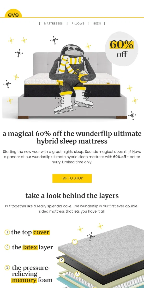 Email from Eve Sleep. a magical 60% off your dream mattress ☁️