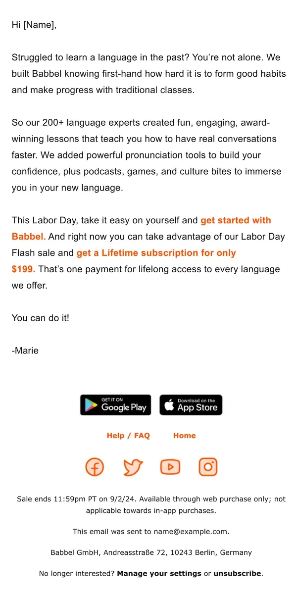 Email from Babbel. Happy Labor Day, from Marie at Babbel.