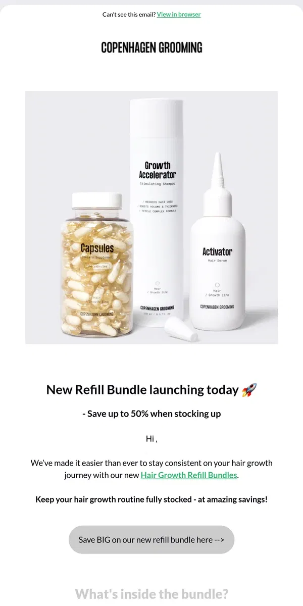 Email from Copenhagen Grooming. Refill Your Hair Growth Essentials and Save Big! 💥