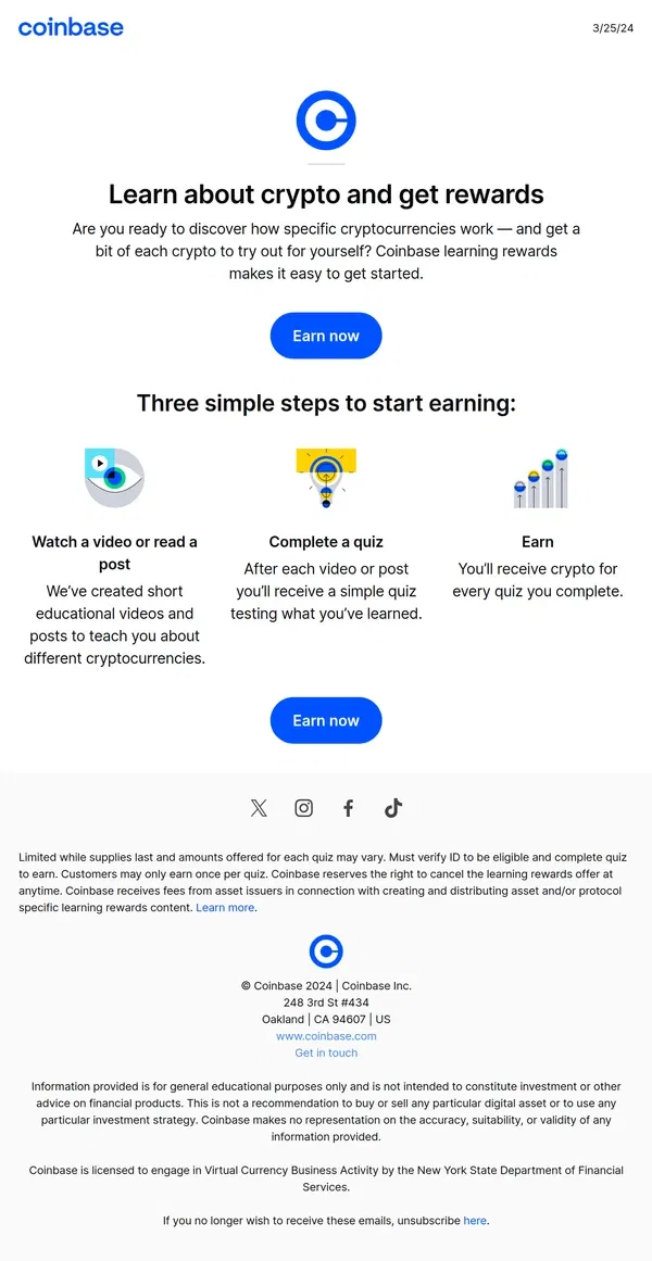 Email from Coinbase. Learn about crypto and get rewards