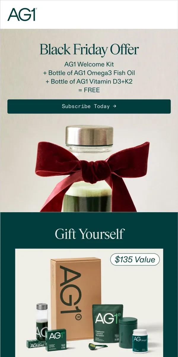 Email from AG1 by Athletic Greens. Two FREE Gifts With Subscription