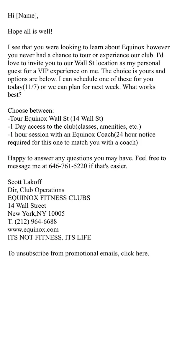 Email from Equinox. Equinox Wall St - Director Check-In