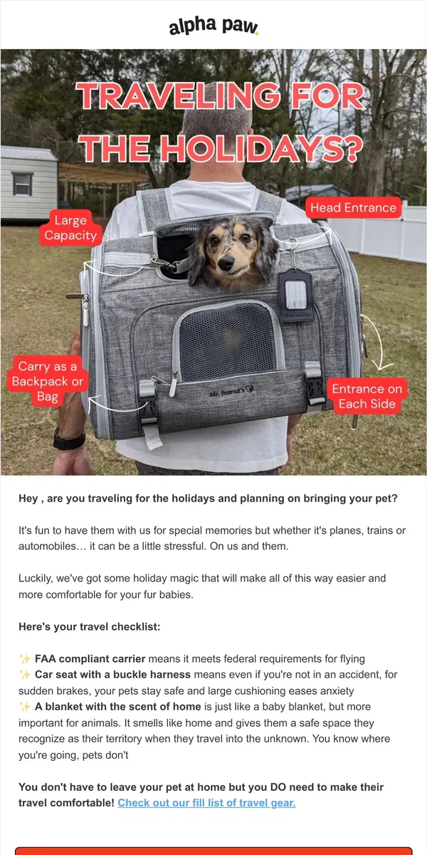 Email from Alpha Paw. ✈️ 🐶 3 things that make pet travel easier